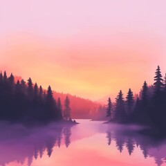 Misty River Reflecting Pink and Orange Sky Between Forest Silhouettes