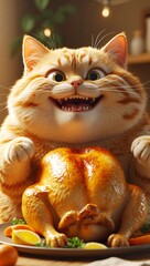 a very chubby orange cat with a round belly, happily eating a large roasted chicken. The cat has an ecstatic expression on its face