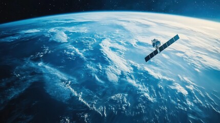 Obraz premium Satellite passing over a vibrant blue Earth, clouds swirling in the distance