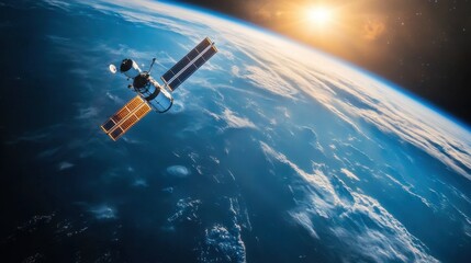 Obraz premium Satellite passing over a vibrant blue Earth, clouds swirling in the distance