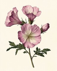 Obraz premium A botanical illustration featuring delicate pink flowers with feathery leaves, showcasing detailed petals and harmonious colors.