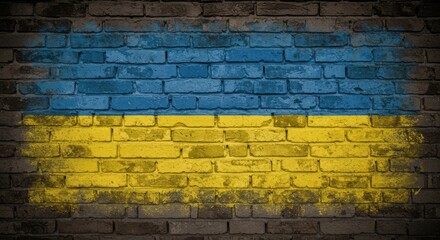 Fototapeta premium Distressed brick wall adorned with Ukrainian flag mural exudes grunge texture