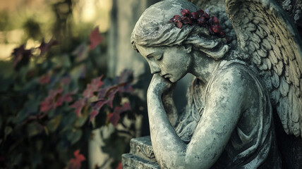 Obraz premium Melancholic Stone Angel Statue Sitting in a Garden with Flowers in Soft Light and Dreamy Atmosphere