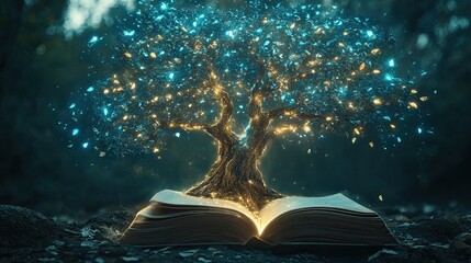 A tree with digital branches, where each leaf represents a skill. The tree glows, and beneath it sits an open book, symbolizing the link between learning and growth.