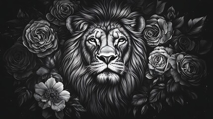 Black and white lion with roses and leaves in realistic sketch art image