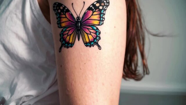 Woman has butterfly tattoo on her arm. Butterfly is colorful and has a unique design. Tattoo is a beautiful and artistic expression of woman's personality and style