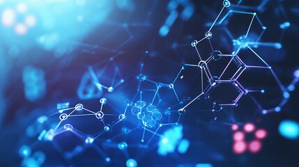 Abstract rendering of interconnected molecular structures with blue and pink lighting effects