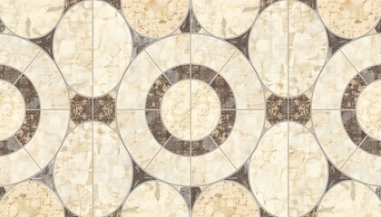 Naklejka premium Seamless pattern of marble stone tiles with a geometric design, featuring circles and teardrop shapes in shades of beige, brown, and gray
