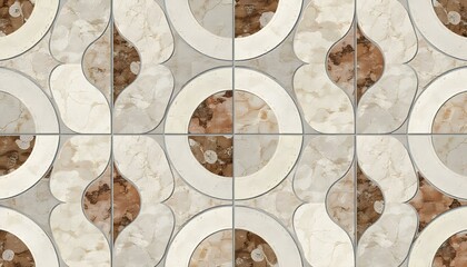 Seamless pattern of marble stone tiles with a geometric design, featuring circles and teardrop shapes in shades of beige, brown, and gray