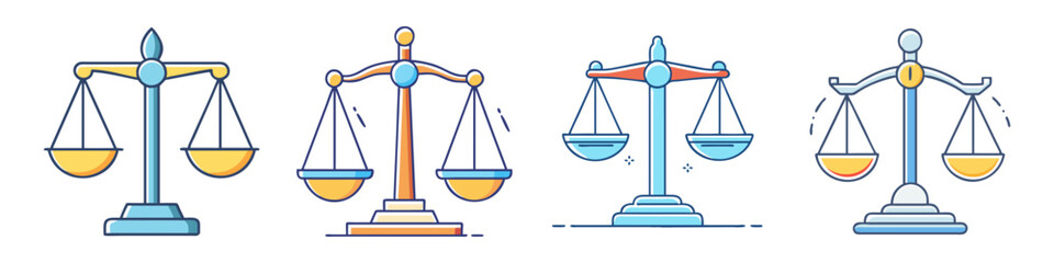 Collection of Four Different Scales of Justice Icons Representing Balance Law and Fairness