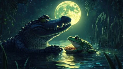 Nocturnal Rendezvous: Alligator and Frog Under the Moonlight