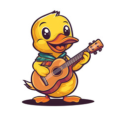 Cute cartoon duck playing guitar with hearts