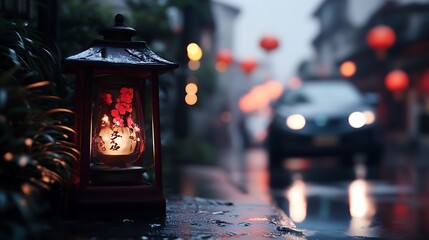 Rainy Night in China Lantern Glow  City Lights.