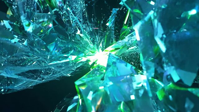 Dynamic intersection video of electric blue ice crystals and liquid neon green streams with high contrast lighting