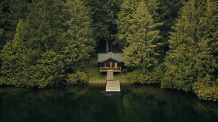 A serene lakeside cabin surrounded by trees with a small dock stretching out pic