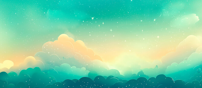 Ilustracion de nubes y estrellas en tonos verdes