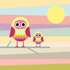 Vector illustration of two cute owls, one large and one small, perched on a branch with a colorful sunset background featuring a yellow sun and pastel stripes.