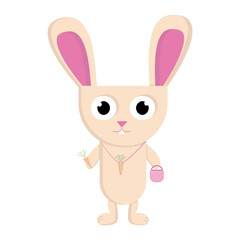 Cute cartoon rabbit or bunny with orange carrot. Funny hare for Easter banners and greeting cards. Vector illustration isolated on white background