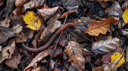 Fototapeta premium Earthworm crawling through fallen autumn leaves on the forest floor.