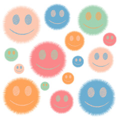 A set of fluffy smiling emojis in bright colors (pink, blue, orange, green, peach) on a white background, perfect for themes of joy, friendship, and children's projects.