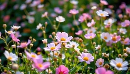 A gentle breeze moving through a field of flowers, capturing the fluidity of petals and leaves in motion.