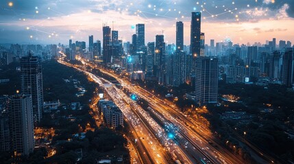 A smart city with interconnected buildings, streets, and transportation systems powered by IoT and advanced sensors.