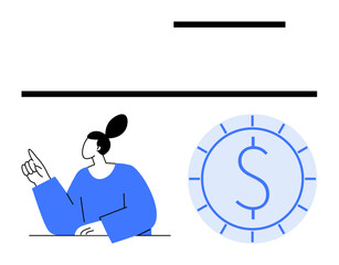 Person pointing at an idea with a blue coin containing a dollar sign. Ideal for finance, investment, money savings, budgeting, banking, banking education, economic concept. Flat simple metaphor