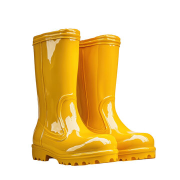 Pair of bright yellow rain boots isolated on transparent background