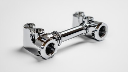 Polished chrome metal part, precision engineered, industrial component, isolated on white background.