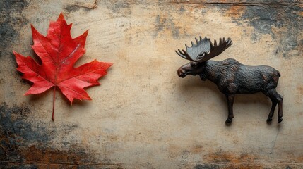Red Maple Leaf and Moose Figurine on Rustic Background