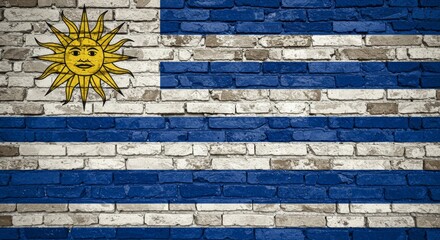 Uruguayan flag mural painted on a weathered brick wall, a distressed urban aesthetic