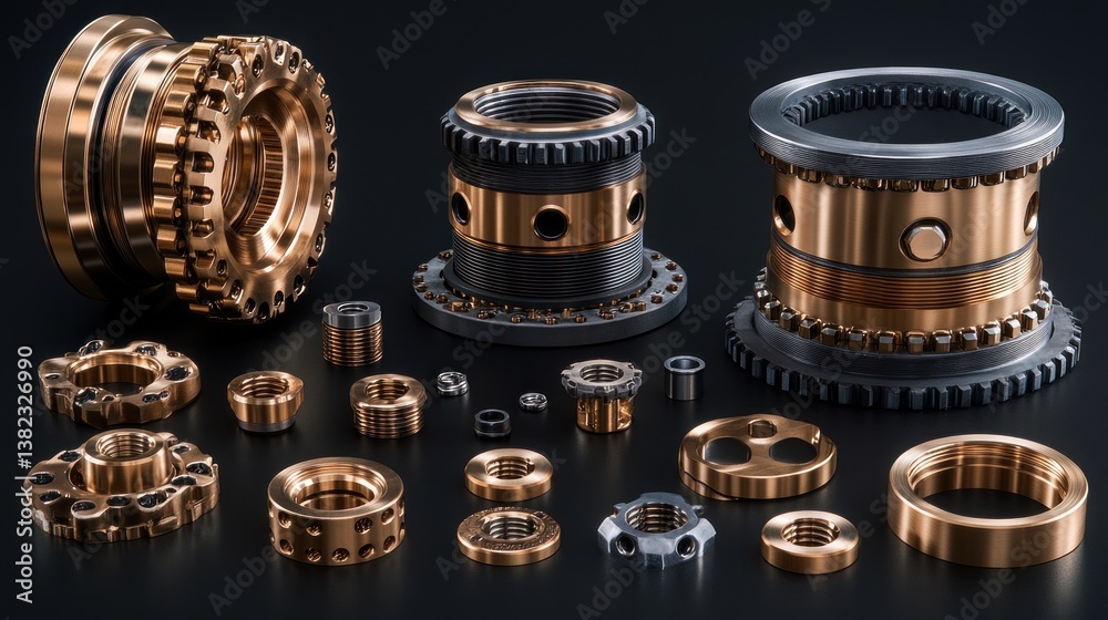 Aufkleber Precision-engineered bronze and steel machine components, gears, and nuts displayed on a dark background.