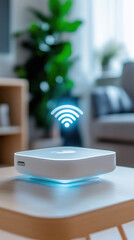futuristic smart home device with glowing holographic Wi Fi symbol, placed on wooden table