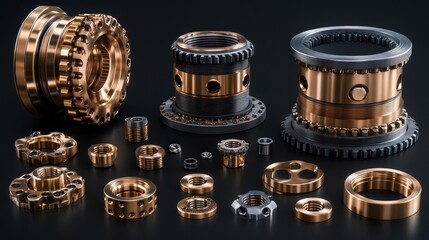 Precision-engineered bronze and steel machine components, gears, and nuts displayed on a dark background.