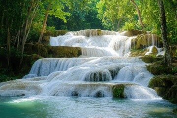 Obraz premium Serene tiered waterfall cascading through lush green jungle paradise under bright sunlight.