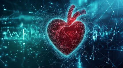 Digital heart illustration with ecg waveform and network connections in blue and red colors