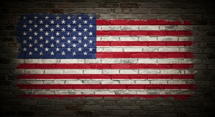 Weathered brick wall showcasing a grunge American flag mural with faded glory