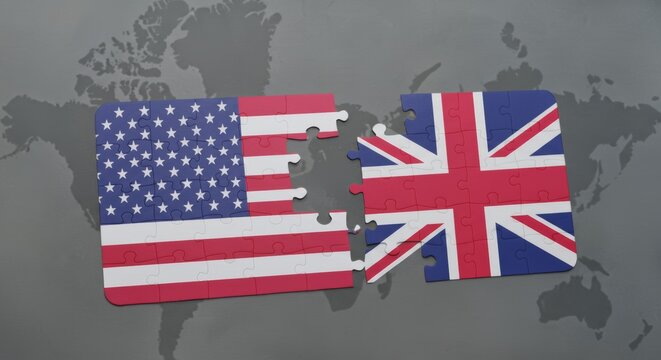 Interconnected destinies: American and British flags forming a jigsaw over a world map