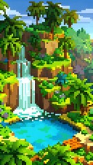 Pixel art of tropical oasis with waterfall and trees. 8-bit game background assets