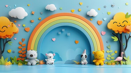 Obraz premium A whimsical scene featuring colorful trees, a rainbow, and cute animal figures.