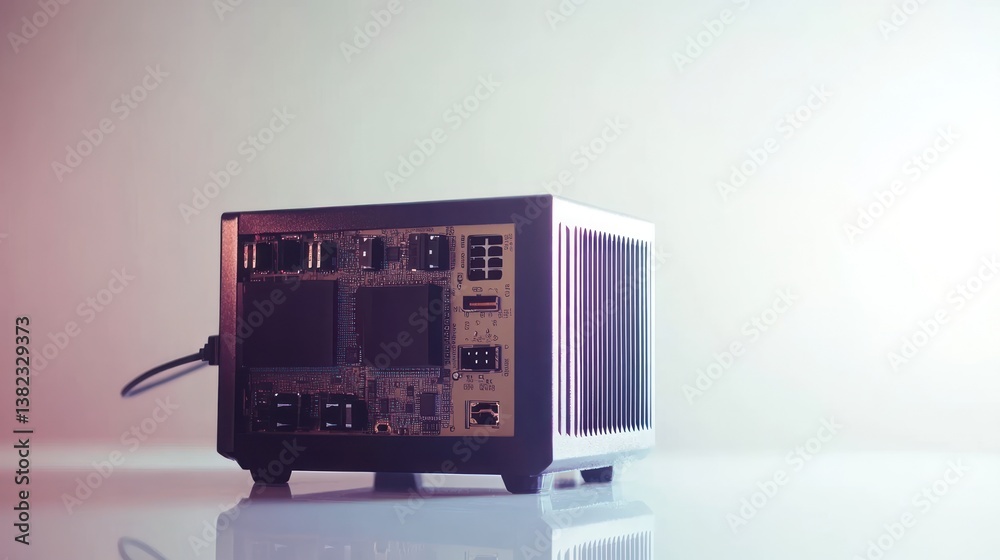 Poster rear view of a small, modern computer case with visible components and connections.