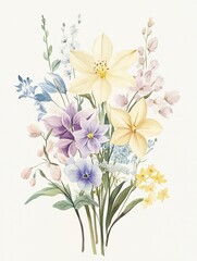 Elegant spring bouquet illustration with soft yellow lilies, blue violets, and delicate white blossoms painted in a romantic watercolor style.