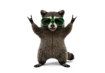 Obraz premium Raccoon wearing green sunglasses making rock on hand gesture on a white background studio shot