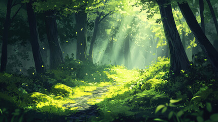 Mossy trail in sunlit forest