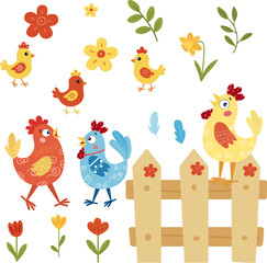 Flat vector illustration with decorative chickens, chickens, tulips, daffodils, swirls and leaves. Bright spring palette, stylized farm animals on white background