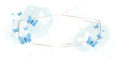 Elegant frame with blue butterflies and soft watercolor background. Delicate hand drawn vector frame for invitations, greeting cards, wedding designs, branding and romantic decorative projects.