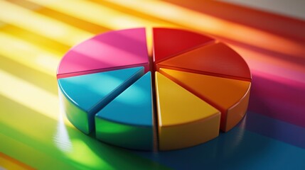 Obraz premium Colorful 3D Pie Chart on Rainbow Background, Data Visualization
