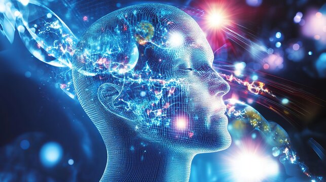 Digital human head with glowing brain activity and light streams in a dark blue environment design