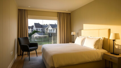 Cozy Bedroom with Warm Tones, Large Window and Comfortable Bedding, Showcasing Serene Living Space