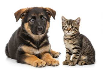 A german shepherd puppy laying down next to a tabby kitten sitting on a white background looking forward